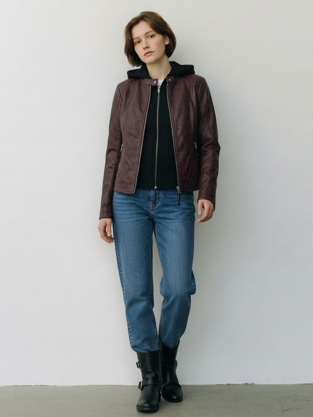 Women's moto jacket in burgundy with black vest size small